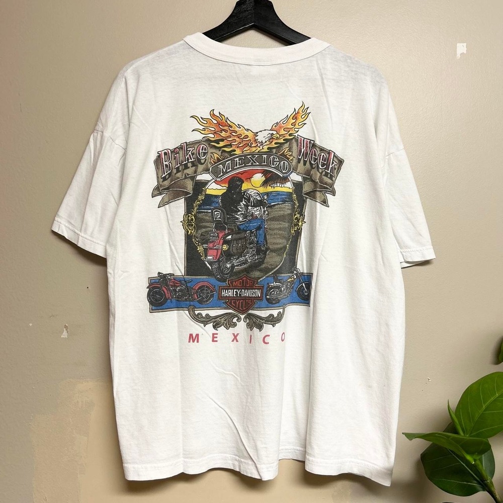 Vintage 90s Harley Davidson Bike Week Mexico Flaming Eagle T-Shirt Mens L White